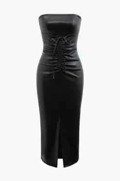 MICAS Midi Dresses-Faux Leather Strapless Drawstring Split Midi Dress BLACK