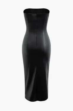 MICAS Midi Dresses-Faux Leather Strapless Drawstring Split Midi Dress BLACK
