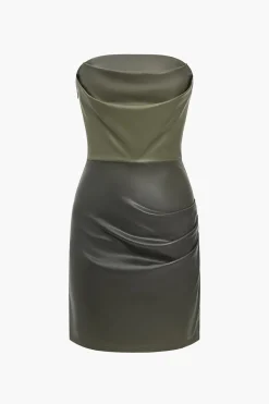 MICAS Mini Dresses-Faux Leather Strapless Mini Dress MILITARY