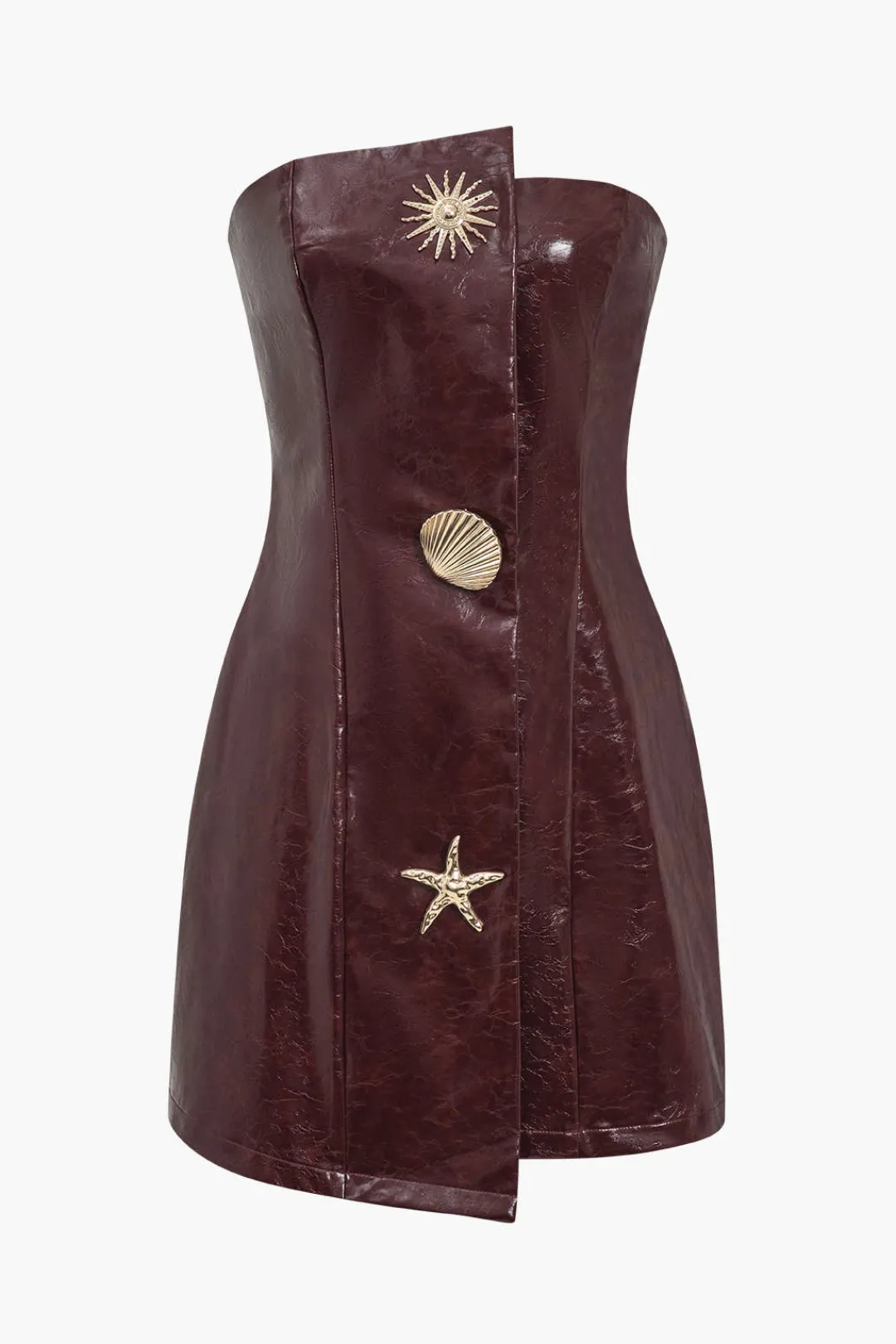 MICAS Mini Dresses-Faux Leather Strapless Mini Dress With Shell Embellishments