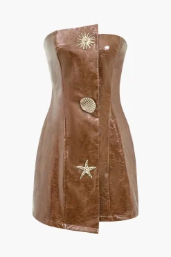 MICAS Mini Dresses-Faux Leather Strapless Mini Dress With Shell Embellishments