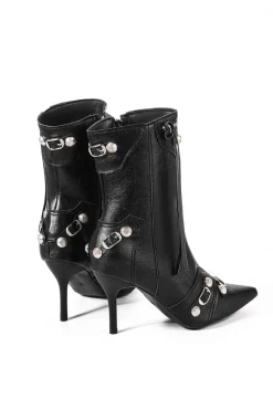MICAS Shoes|Boots-Faux Leather Studded Pointed Toe Ankle Boots BLACK