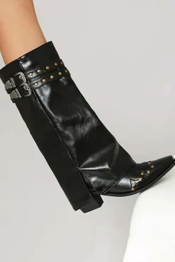 MICAS Shoes|Shoes-Faux Leather Studded Pointed Toe Mid Calf Boots BLACK