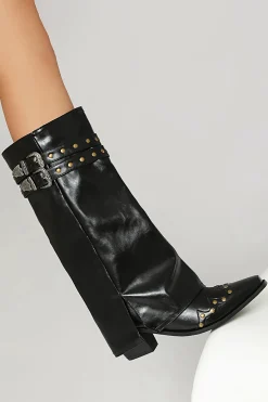 MICAS Shoes|Shoes-Faux Leather Studded Pointed Toe Mid Calf Boots BLACK