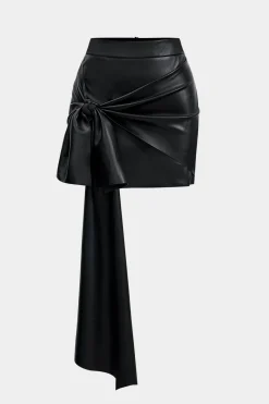 MICAS Skirts-Faux Leather Tie Front Asymmetrical Skirt BLACK