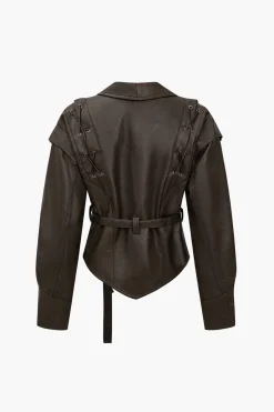 MICAS Outerwear|Outerwear-Faux Leather Tie Front Crossed Button Jacket