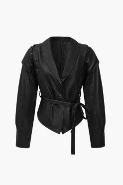MICAS Outerwear|Outerwear-Faux Leather Tie Front Crossed Button Jacket