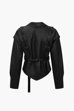 MICAS Outerwear|Outerwear-Faux Leather Tie Front Crossed Button Jacket