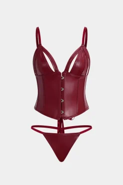MICAS Lingerie & Sleepwear-Faux Leather Tie-Up Ribbon Shapewear BURGUNDY