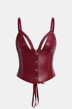 MICAS Lingerie & Sleepwear-Faux Leather Tie-Up Ribbon Shapewear BURGUNDY