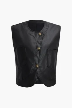 MICAS Outerwear|Outerwear-Faux Leather Vest With Pocket And Button BLACK