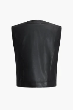 MICAS Outerwear|Outerwear-Faux Leather Vest With Pocket And Button BLACK