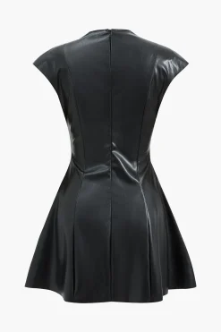 MICAS Mini Dresses-Faux Leather V-Neck Mini Dress With Fake Pockets BLACK