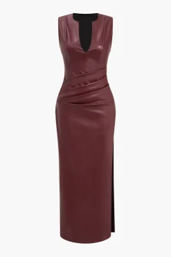 MICAS Maxi Dresses-Faux Leather V-neck Ruched Maxi Dress