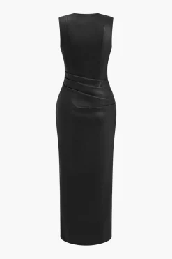 MICAS Maxi Dresses-Faux Leather V-neck Ruched Maxi Dress