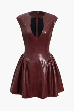 MICAS Mini Dresses-Faux Leather V-neck Ruched Mini Dress