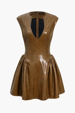 MICAS Mini Dresses-Faux Leather V-neck Ruched Mini Dress