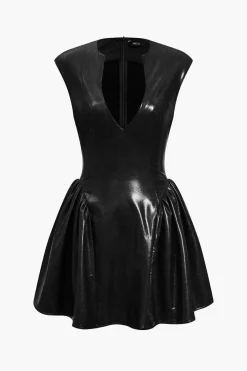 MICAS Mini Dresses-Faux Leather V-neck Ruched Mini Dress