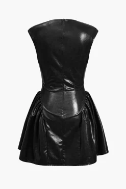 MICAS Mini Dresses-Faux Leather V-neck Ruched Mini Dress