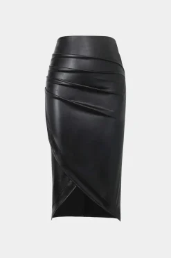 MICAS Skirts-Faux Leather Wrap Ruched Midi Skirt