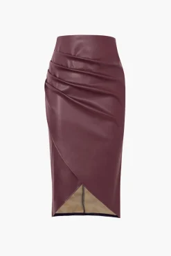 MICAS Skirts-Faux Leather Wrap Ruched Midi Skirt