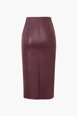 MICAS Skirts-Faux Leather Wrap Ruched Midi Skirt