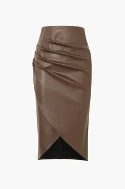 MICAS Skirts-Faux Leather Wrap Ruched Midi Skirt