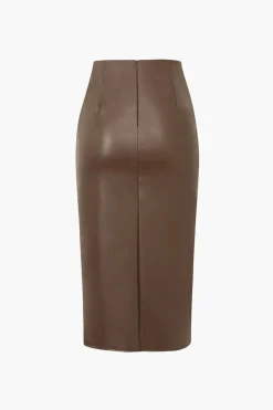 MICAS Skirts-Faux Leather Wrap Ruched Midi Skirt