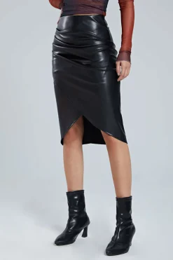 MICAS Skirts-Faux Leather Wrap Ruched Midi Skirt
