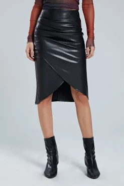 MICAS Skirts-Faux Leather Wrap Ruched Midi Skirt