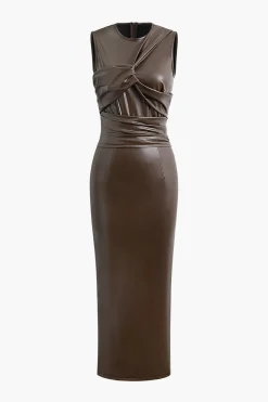 MICAS Midi Dresses-Faux Leather Wrap Sleeveless Ruched Slit Midi Dress