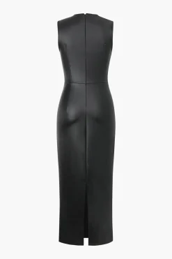 MICAS Midi Dresses-Faux Leather Wrap Sleeveless Ruched Slit Midi Dress