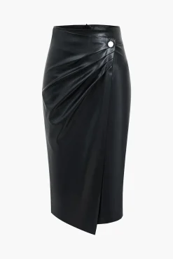 MICAS Skirts-Faux Leather Wraped Midi Skirt BLACK