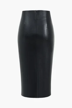 MICAS Skirts-Faux Leather Wraped Midi Skirt BLACK