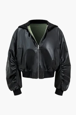 MICAS Outerwear|Outerwear-Faux Leather Zipper Hooded Pocket Long-Sleeve Jacket BLACK