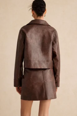 MICAS Outerwear|Outerwear-Faux Leather Zipper Long Sleeve Jacket CHOCOLATE