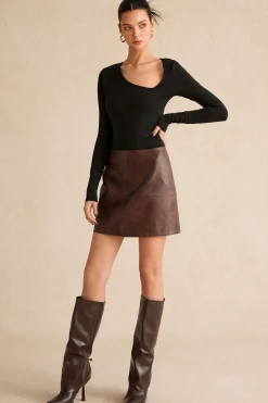 MICAS Skirts-Faux Leather Zipper Skirt CHOCOLATE