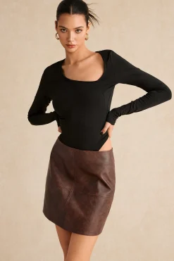 MICAS Skirts-Faux Leather Zipper Skirt CHOCOLATE