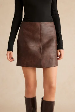 MICAS Skirts-Faux Leather Zipper Skirt CHOCOLATE
