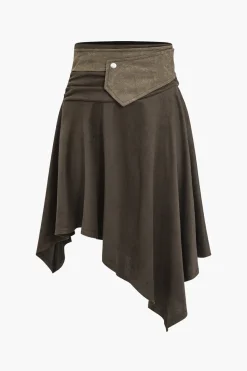 MICAS Skirts-Faux Suede Asymmetrical High Waist Skirt BROWN