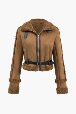 MICAS Outerwear|Outerwear-Faux Suede Belted Zipper Long-Sleeve Jacket CHOCOLATE