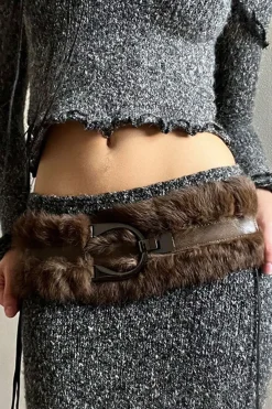 MICAS Accessories-Feather Leather Patchwork Waist Corset BROWN