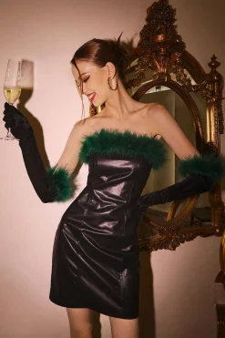 MICAS Mini Dresses-Feather Neckline Leather Mini Dress BLACK