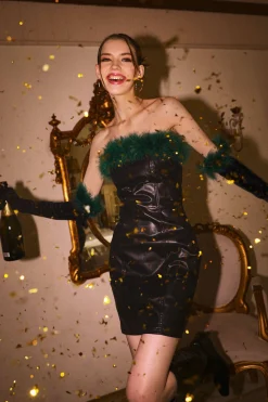 MICAS Mini Dresses-Feather Neckline Leather Mini Dress BLACK