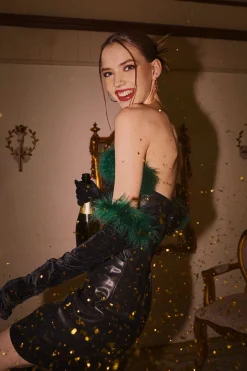 MICAS Mini Dresses-Feather Neckline Leather Mini Dress BLACK