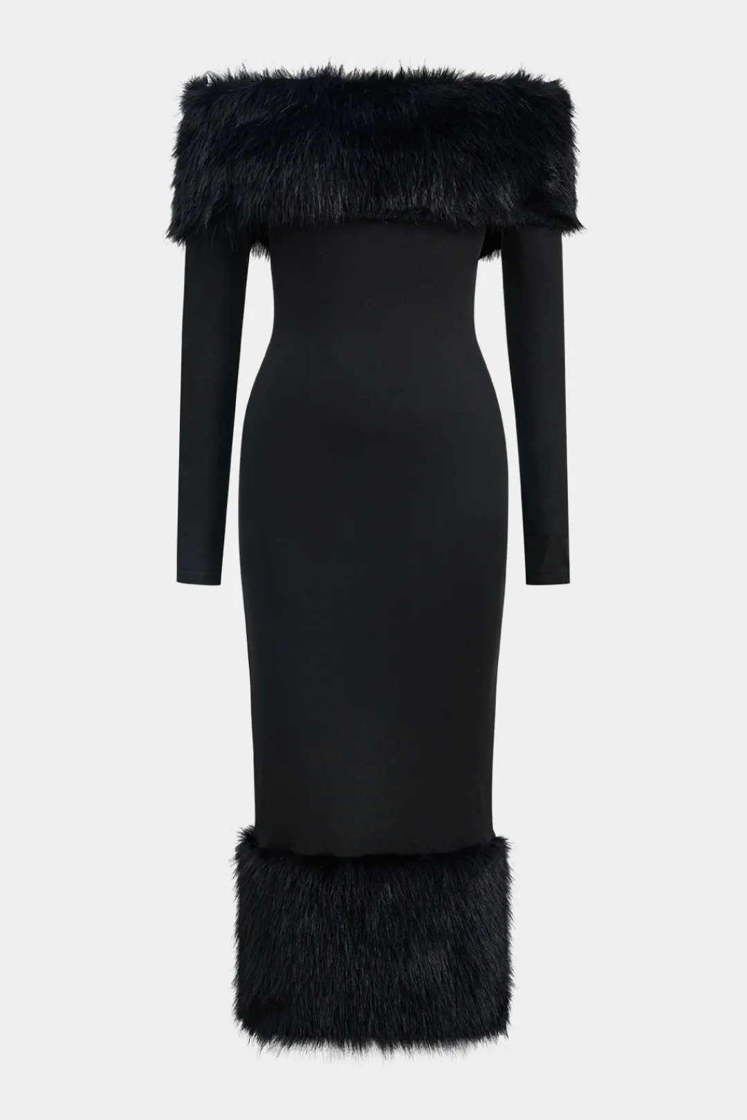 MICAS Long Sleeve Dresses|Maxi Dresses-Feather Off Shoulder Long Sleeve Maxi Dress BLACK