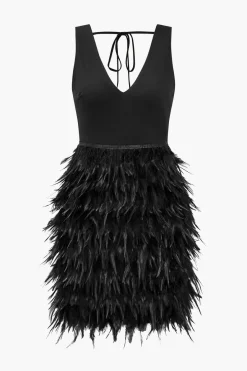 MICAS Mini Dresses-Feather V-Neck Tie-Up Sleeveless Mini Dress BLACK