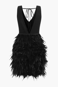 MICAS Mini Dresses-Feather V-Neck Tie-Up Sleeveless Mini Dress BLACK