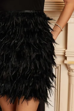 MICAS Mini Dresses-Feather V-Neck Tie-Up Sleeveless Mini Dress BLACK