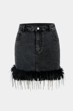MICAS Skirts-Feathered Denim Skirt BLACK